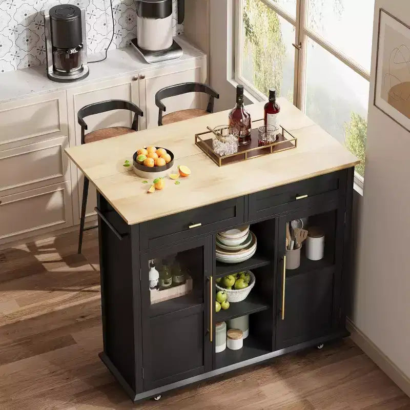 Coolmee Rolling Kitchen Island with Drop Leaf, Island Cart with Storage, Microwave Cart on Wheels, Table Bar Cart for Kitchen with Towel Rack