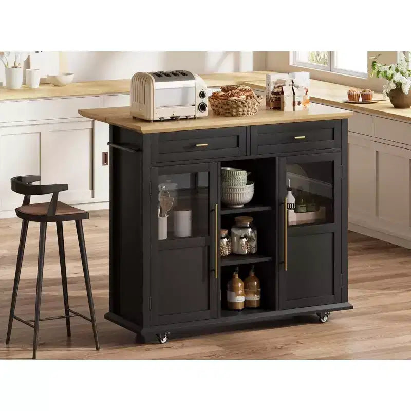 Coolmee Rolling Kitchen Island with Drop Leaf, Island Cart with Storage, Microwave Cart on Wheels, Table Bar Cart for Kitchen with Towel Rack