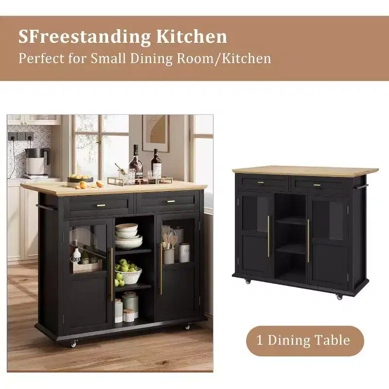 Coolmee Rolling Kitchen Island with Drop Leaf, Island Cart with Storage, Microwave Cart on Wheels, Table Bar Cart for Kitchen with Towel Rack