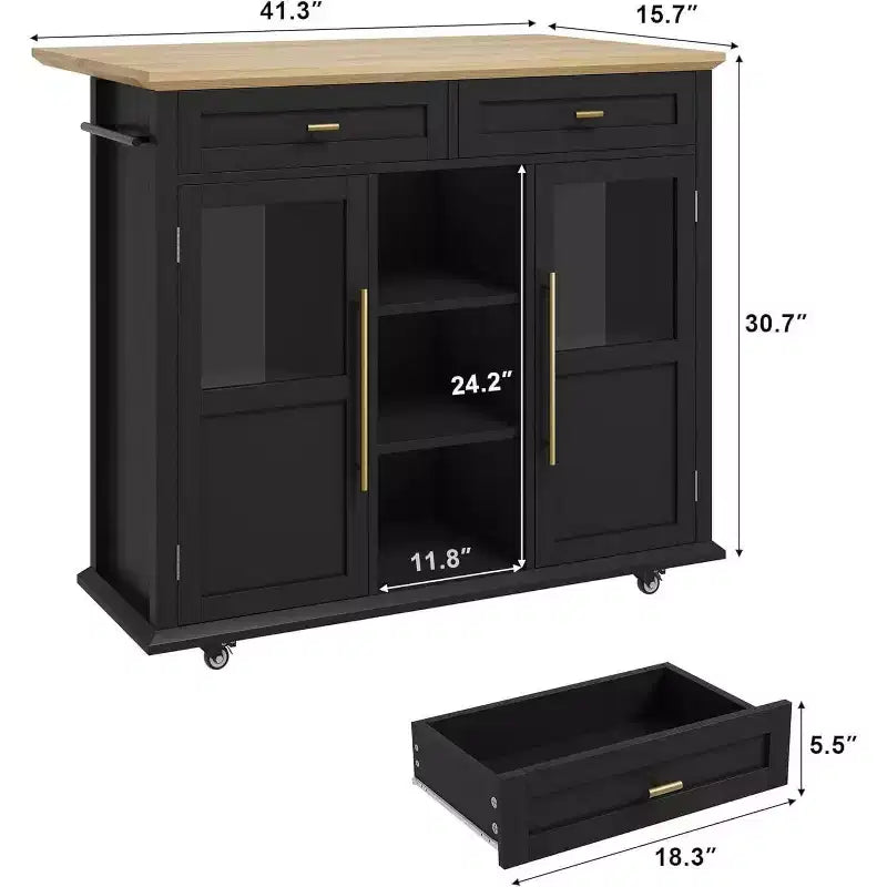 Coolmee Rolling Kitchen Island with Drop Leaf, Island Cart with Storage, Microwave Cart on Wheels, Table Bar Cart for Kitchen with Towel Rack
