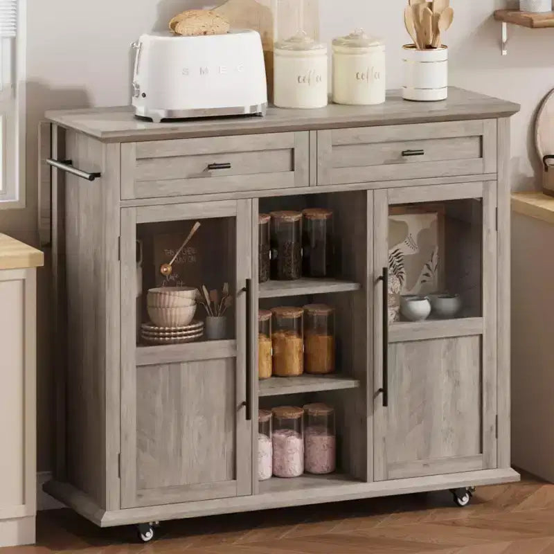 Coolmee Rolling Kitchen Island with Drop Leaf, Island Cart with Storage, Microwave Cart on Wheels, Table Bar Cart for Kitchen with Towel Rack