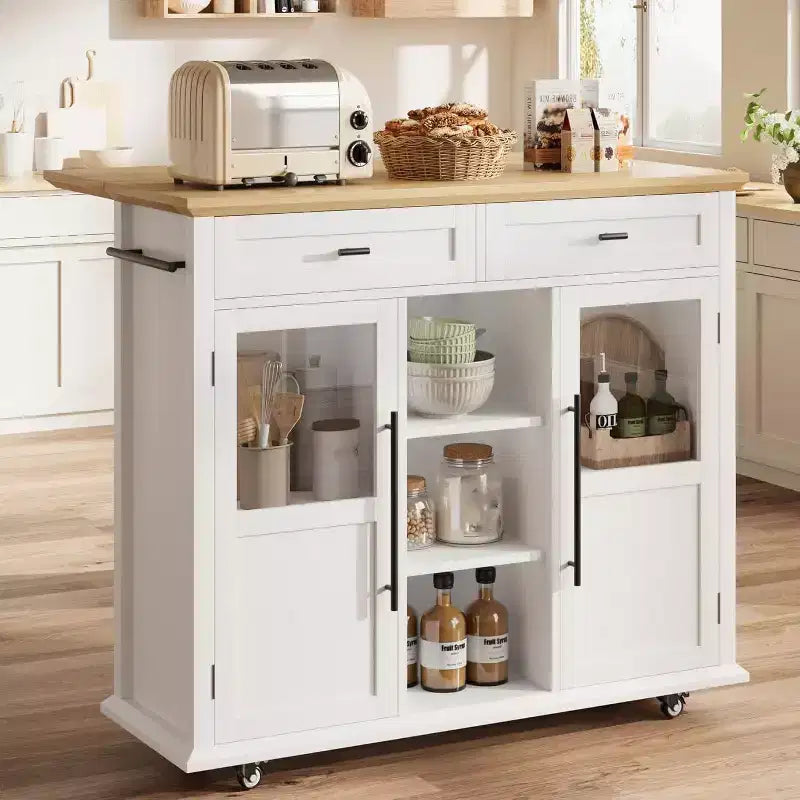 Coolmee Rolling Kitchen Island with Drop Leaf, Island Cart with Storage, Microwave Cart on Wheels, Table Bar Cart for Kitchen with Towel Rack