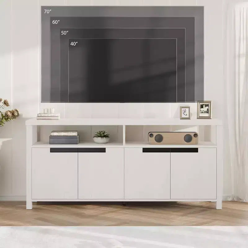 Farmhouse TV Stand for TVs up to 70 Inch, 63 Inch Long Entertainment Center with 4 Door and Open Shelf, Rustic Television Media Consoles Stands