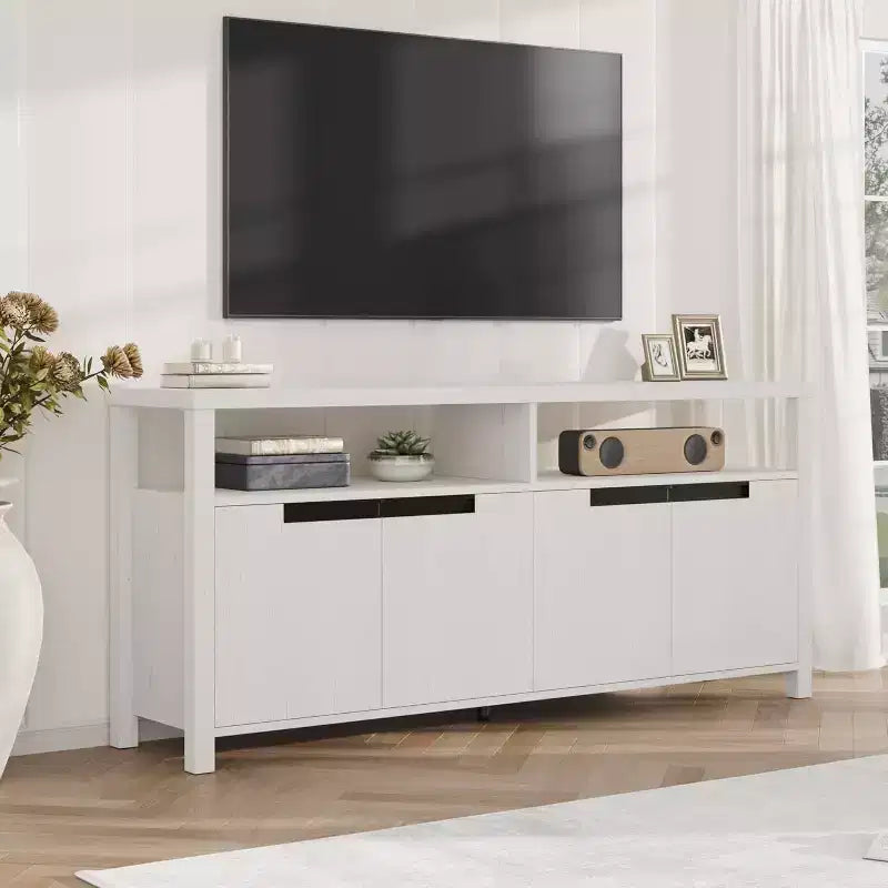 Farmhouse TV Stand for TVs up to 70 Inch, 63 Inch Long Entertainment Center with 4 Door and Open Shelf, Rustic Television Media Consoles Stands