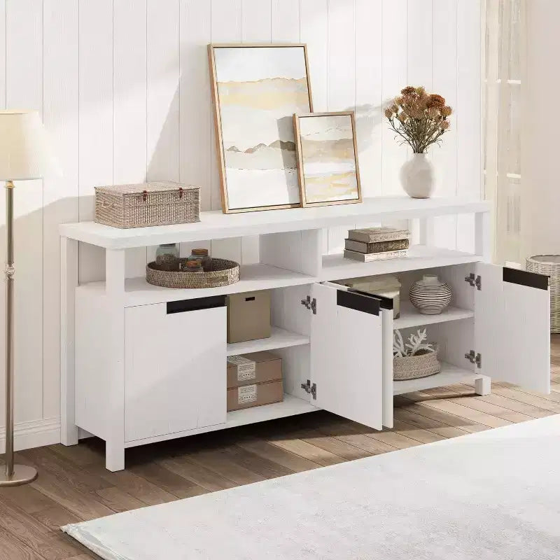 Farmhouse TV Stand for TVs up to 70 Inch, 63 Inch Long Entertainment Center with 4 Door and Open Shelf, Rustic Television Media Consoles Stands