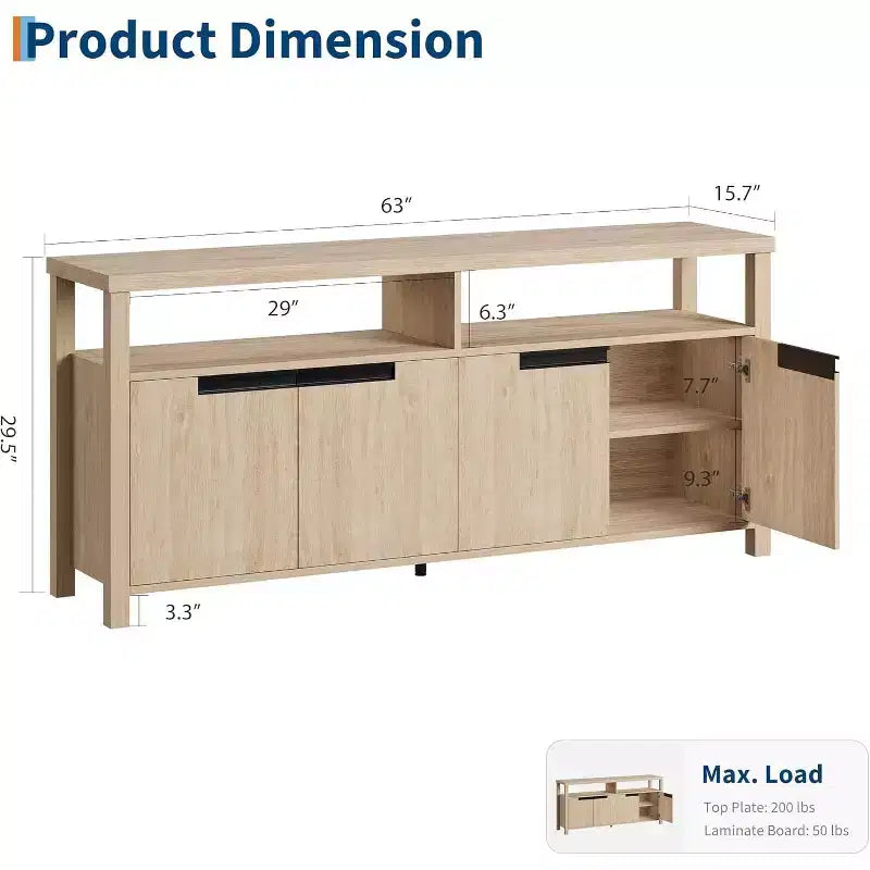Farmhouse TV Stand for TVs up to 70 Inch, 63 Inch Long Entertainment Center with 4 Door and Open Shelf, Rustic Television Media Consoles Stands