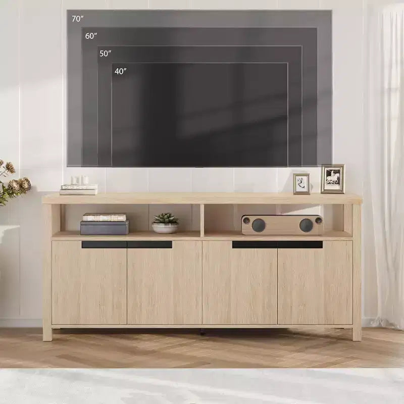 Farmhouse TV Stand for TVs up to 70 Inch, 63 Inch Long Entertainment Center with 4 Door and Open Shelf, Rustic Television Media Consoles Stands