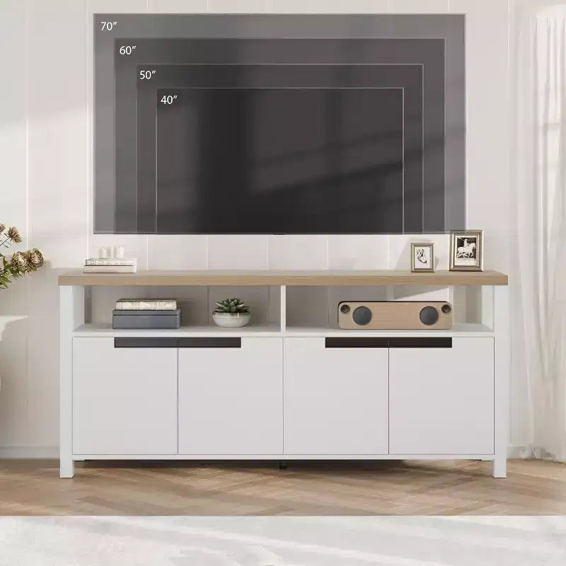 Farmhouse TV Stand for TVs up to 70 Inch, 63 Inch Long Entertainment Center with 4 Door and Open Shelf, Rustic Television Media Consoles Stands
