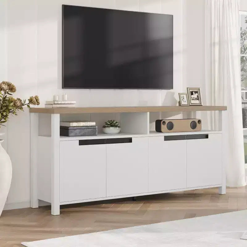 Farmhouse TV Stand for TVs up to 70 Inch, 63 Inch Long Entertainment Center with 4 Door and Open Shelf, Rustic Television Media Consoles Stands