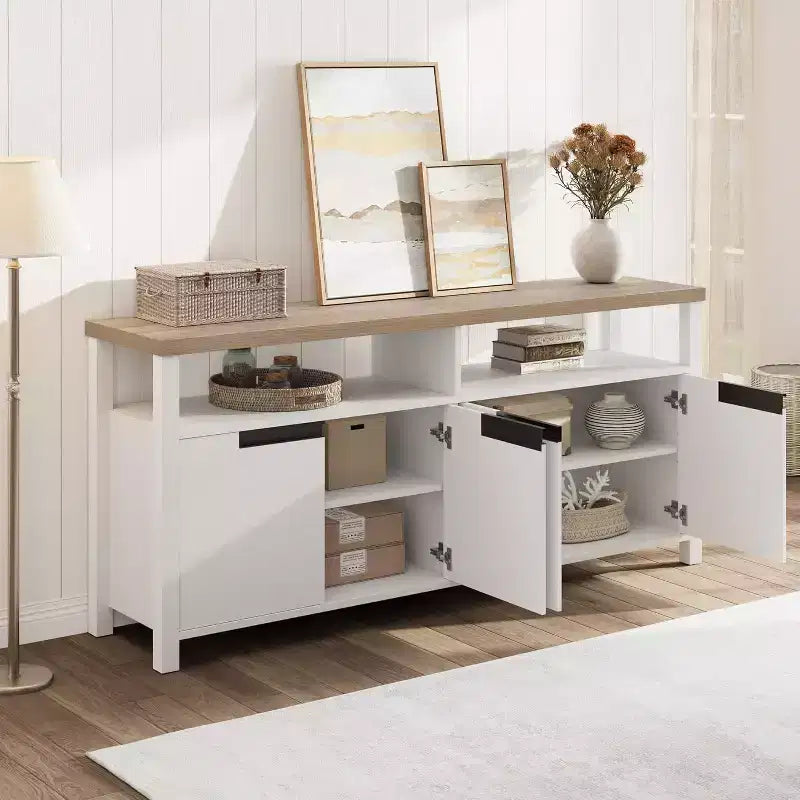 Farmhouse TV Stand for TVs up to 70 Inch, 63 Inch Long Entertainment Center with 4 Door and Open Shelf, Rustic Television Media Consoles Stands