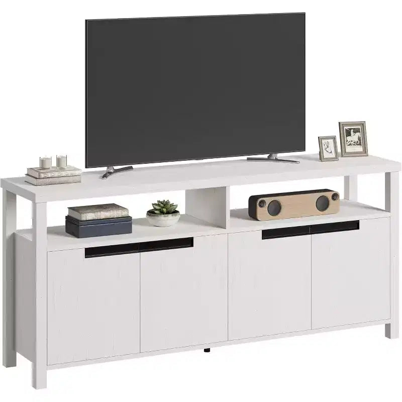 Farmhouse TV Stand for TVs up to 70 Inch, 63 Inch Long Entertainment Center with 4 Door and Open Shelf, Rustic Television Media Consoles Stands