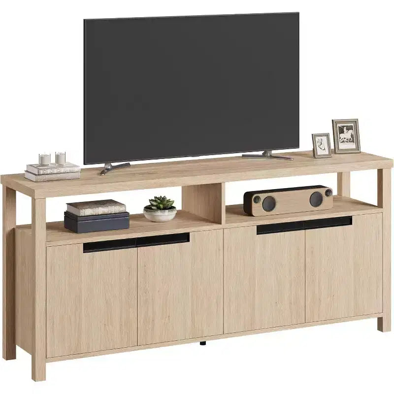 Farmhouse TV Stand for TVs up to 70 Inch, 63 Inch Long Entertainment Center with 4 Door and Open Shelf, Rustic Television Media Consoles Stands