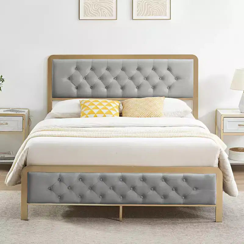 Full Size Velvet Upholstered Platform Bed Frame C Button Tufted Headboard & Footboard