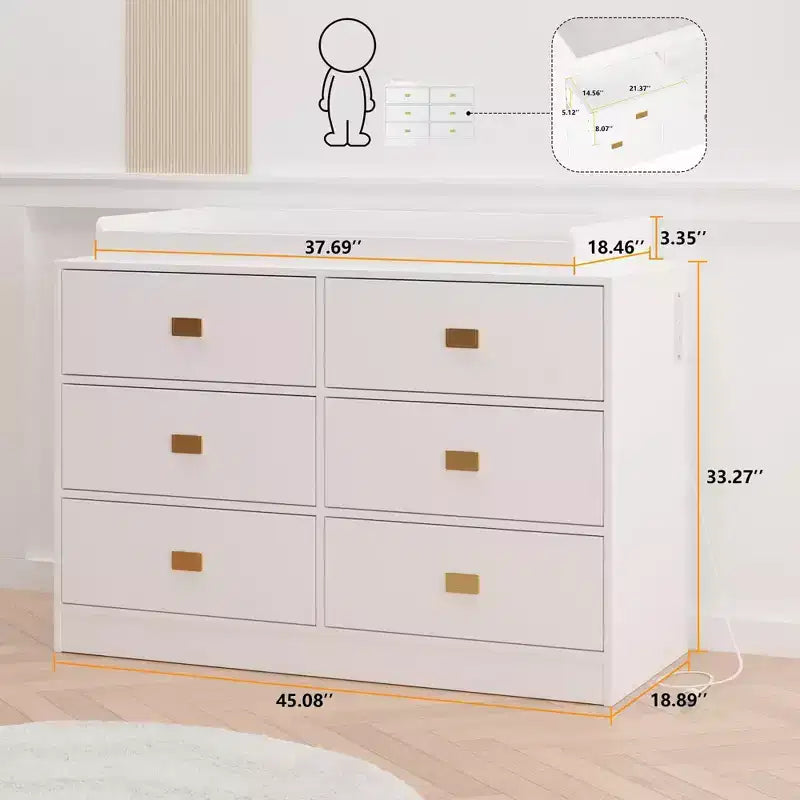 GustoWave Nursery Dresser with Changing Table Top,6-Drawer Baby Dresser with Anti-Tip Kit, Waterproof Top