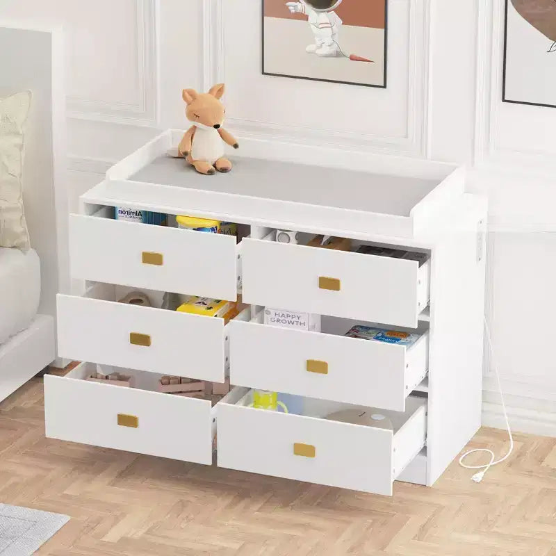 GustoWave Nursery Dresser with Changing Table Top,6-Drawer Baby Dresser with Anti-Tip Kit, Waterproof Top