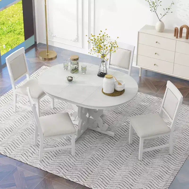 5 Piece Retro Dining Set with Extendable Table and 4 Upholstered Chairs, 16 Inch Leaf, Ideal for Kitchen and Dining Room