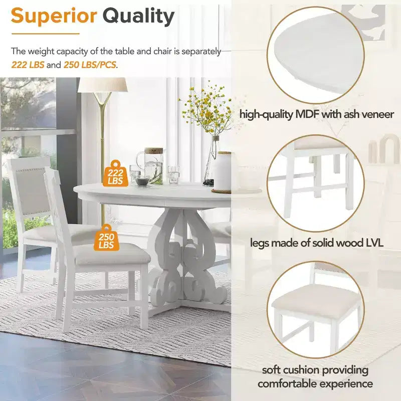 5 Piece Retro Dining Set with Extendable Table and 4 Upholstered Chairs, 16 Inch Leaf, Ideal for Kitchen and Dining Room