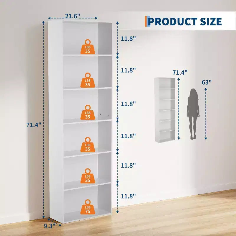 71.4 6-Tier H-Shaped Bookshelf, Heavy Duty Open Shelf Storage Organizer for Home Office, Living Room, Bedroom