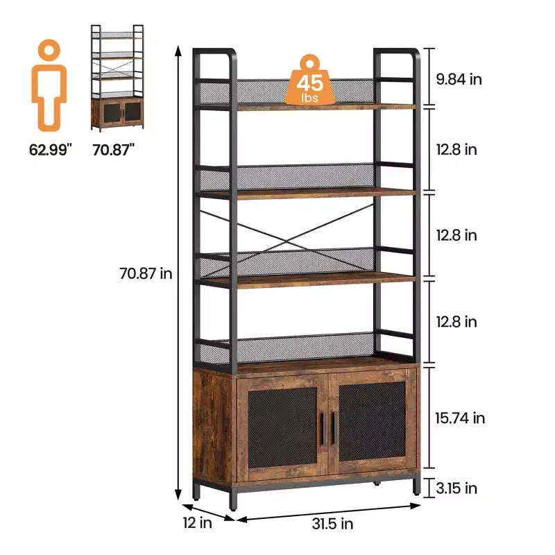 70.87 Industrial Bookshelf with Doors, 4-Tier Rustic Open Storage Shelf, Farmhouse Display Rack for Bedroom, Living Room, Home Office, Brown