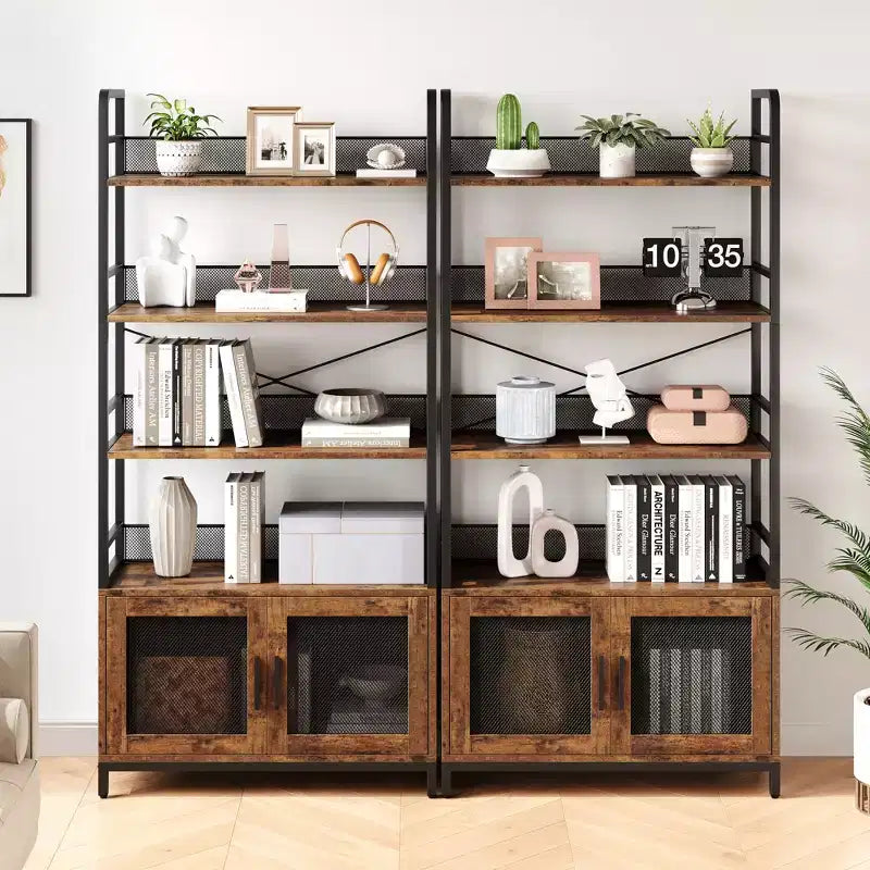 70.87 Industrial Bookshelf with Doors, 4-Tier Rustic Open Storage Shelf, Farmhouse Display Rack for Bedroom, Living Room, Home Office, Brown