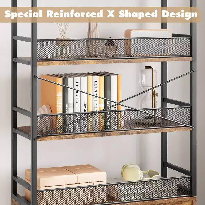 70.87 Industrial Bookshelf with Doors, 4-Tier Rustic Open Storage Shelf, Farmhouse Display Rack for Bedroom, Living Room, Home Office, Brown