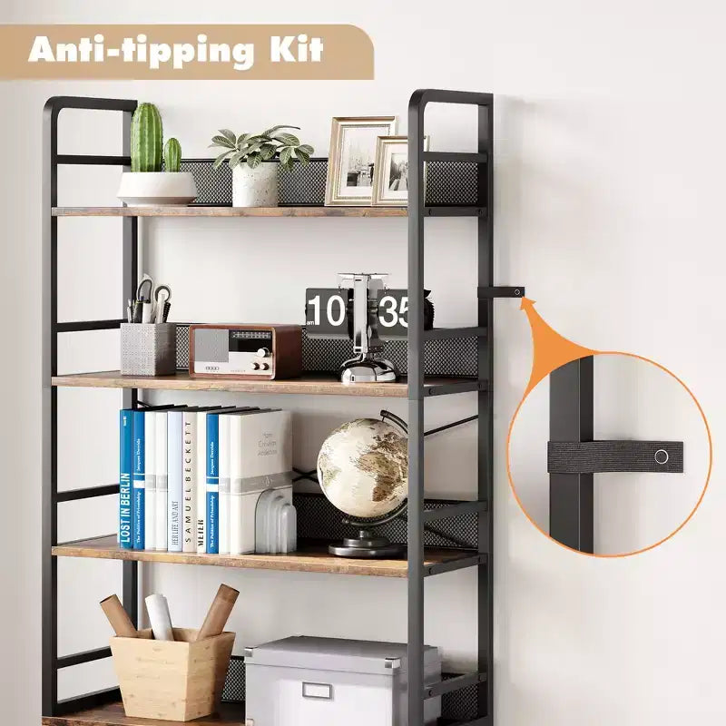 70.87 Industrial Bookshelf with Doors, 4-Tier Rustic Open Storage Shelf, Farmhouse Display Rack for Bedroom, Living Room, Home Office, Brown