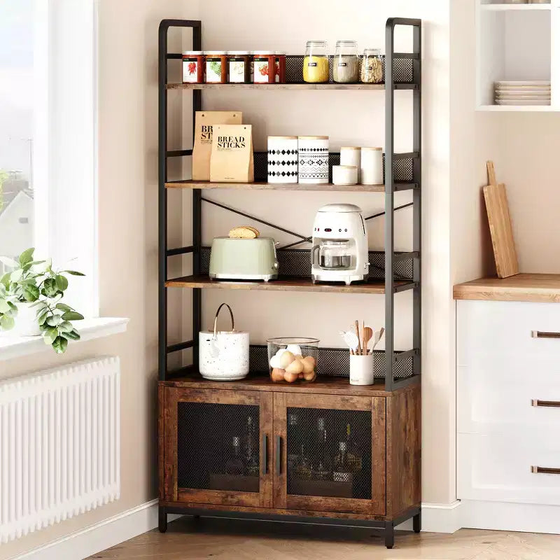 70.87 Industrial Bookshelf with Doors, 4-Tier Rustic Open Storage Shelf, Farmhouse Display Rack for Bedroom, Living Room, Home Office, Brown