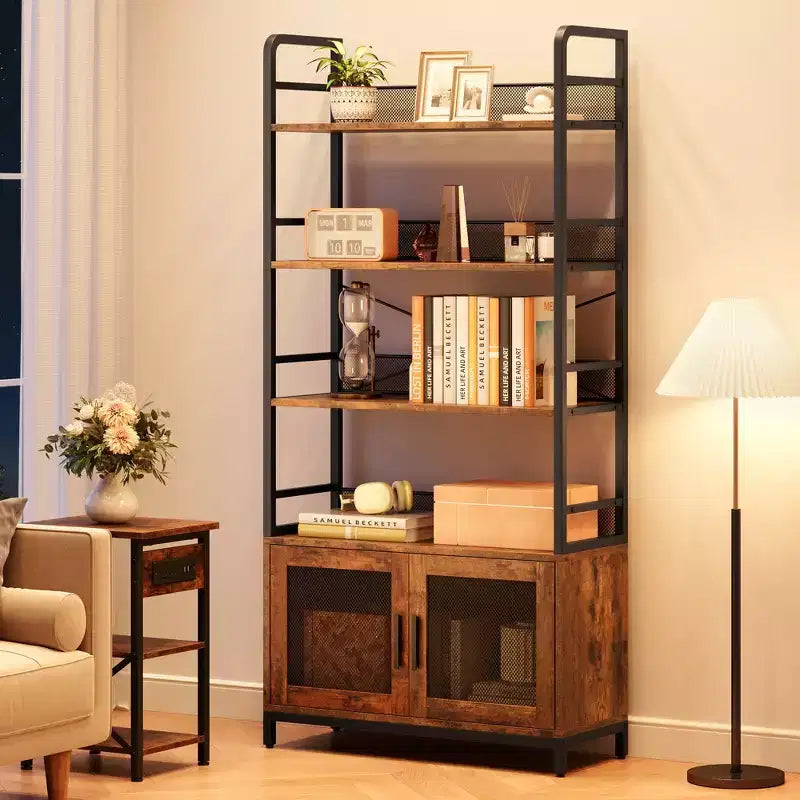 70.87 Industrial Bookshelf with Doors, 4-Tier Rustic Open Storage Shelf, Farmhouse Display Rack for Bedroom, Living Room, Home Office, Brown