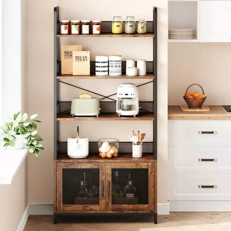 70.87 Industrial Bookshelf with Doors, 4-Tier Rustic Open Storage Shelf, Farmhouse Display Rack for Bedroom, Living Room, Home Office, Brown