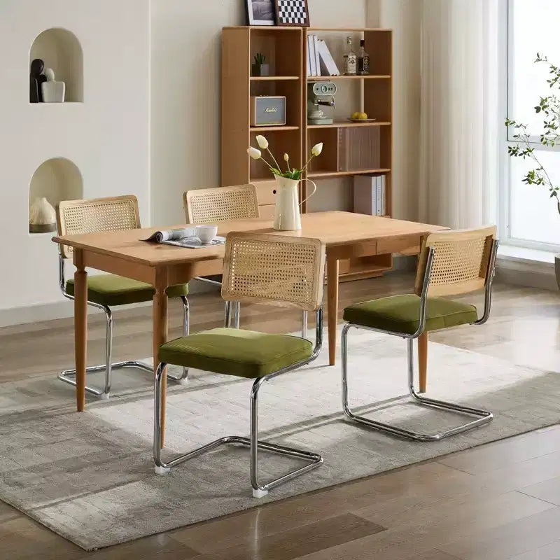 Set of 2 Olive-Green Mid Century Modern Dining Chairs Velvet Accent Chairs with Natural Cane Back and Stainless Chrome Base