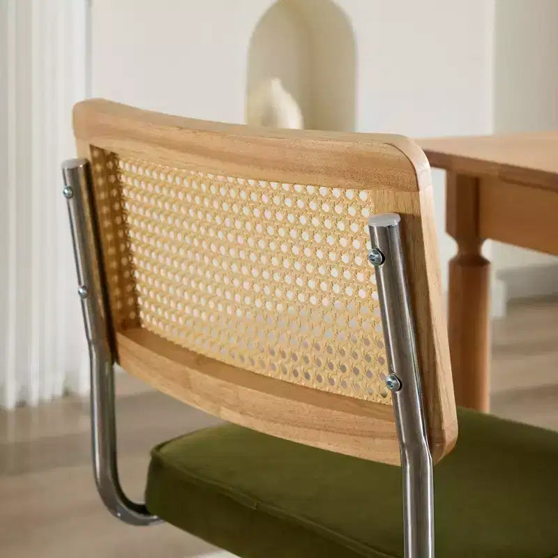 Set of 2 Olive-Green Mid Century Modern Dining Chairs Velvet Accent Chairs with Natural Cane Back and Stainless Chrome Base