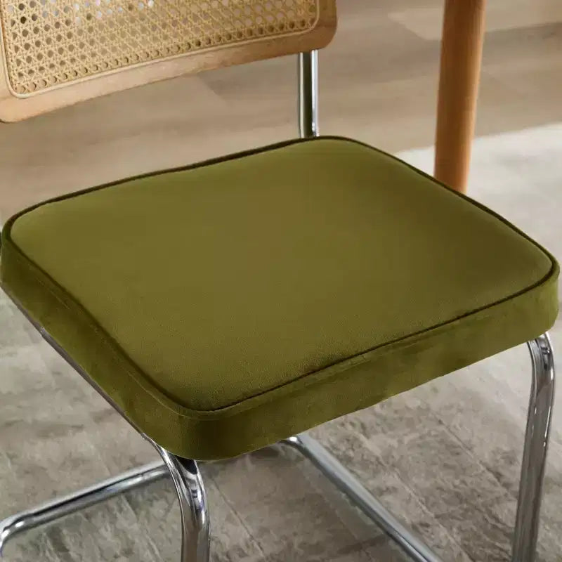 Set of 2 Olive-Green Mid Century Modern Dining Chairs Velvet Accent Chairs with Natural Cane Back and Stainless Chrome Base