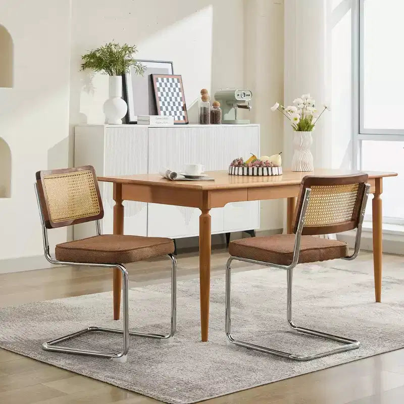 Set of 2 Olive-Green Mid Century Modern Dining Chairs Velvet Accent Chairs with Natural Cane Back and Stainless Chrome Base