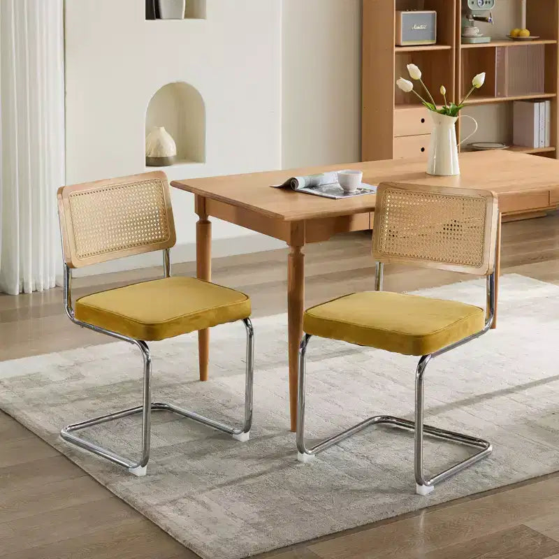Set of 2 Olive-Green Mid Century Modern Dining Chairs Velvet Accent Chairs with Natural Cane Back and Stainless Chrome Base