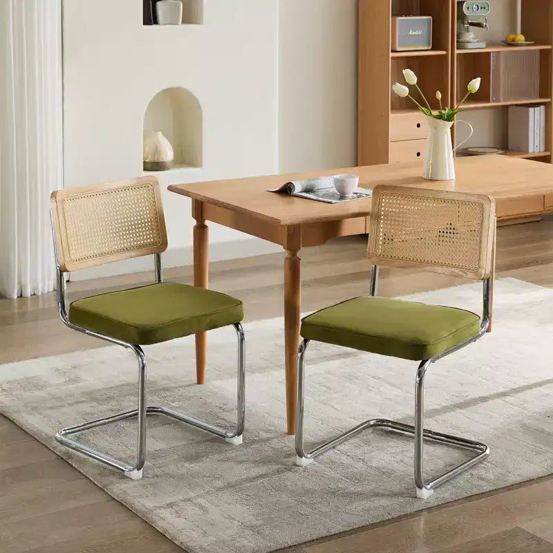 Set of 2 Olive-Green Mid Century Modern Dining Chairs Velvet Accent Chairs with Natural Cane Back and Stainless Chrome Base