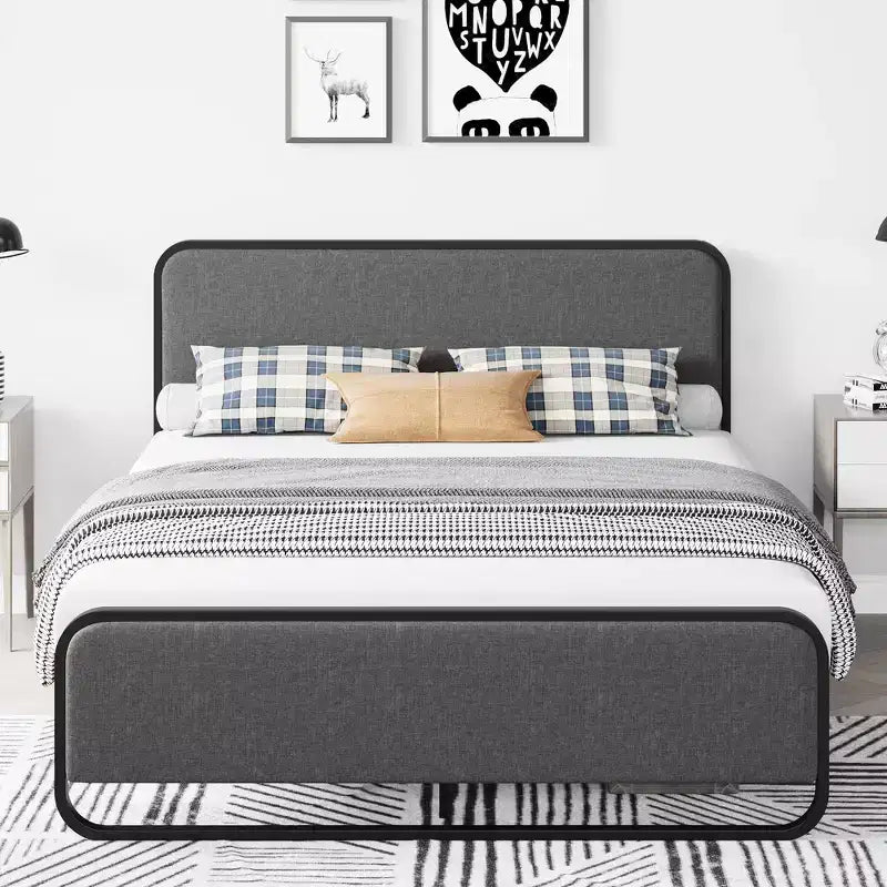 Queen Platform Bed Frame, Upholstered Queen Bed Frame with Headboard, Footboard, Under Bed Storage, Modern Noise Free Bed Frame with Sturdy Metal