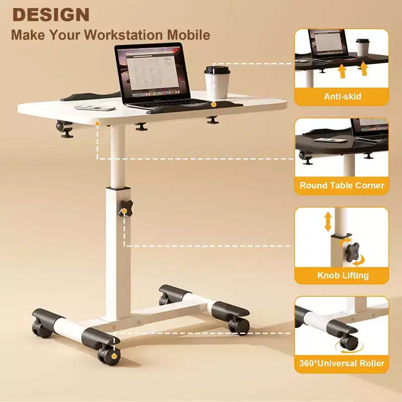 Table with Wheels - Adjustable Height Rolling Laptop Desk, Side Table for Home Office