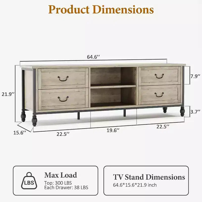 70 Inch Mid-Century Modern TV Stand, Entertainment Center Featuring Metal Roman Columns and Drawer, TV Console Table for Living Room Rustic Grey