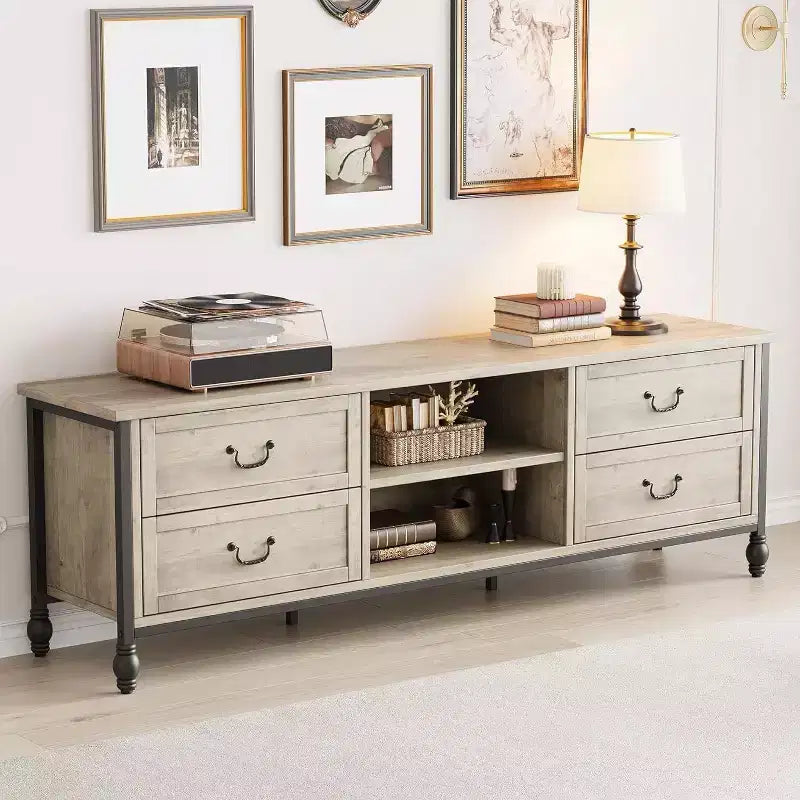 70 Inch Mid-Century Modern TV Stand, Entertainment Center Featuring Metal Roman Columns and Drawer, TV Console Table for Living Room Rustic Grey