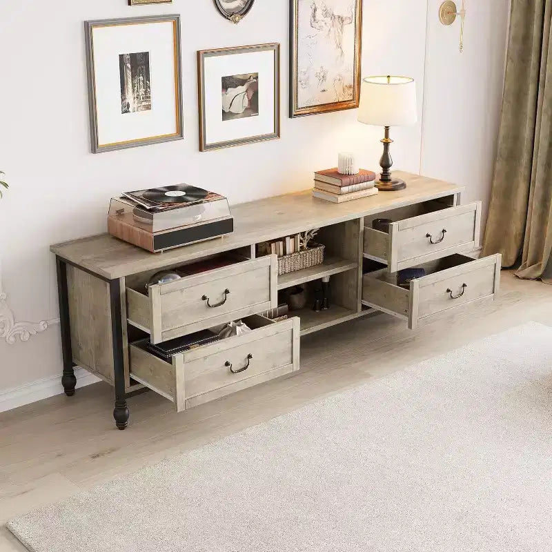 70 Inch Mid-Century Modern TV Stand, Entertainment Center Featuring Metal Roman Columns and Drawer, TV Console Table for Living Room Rustic Grey