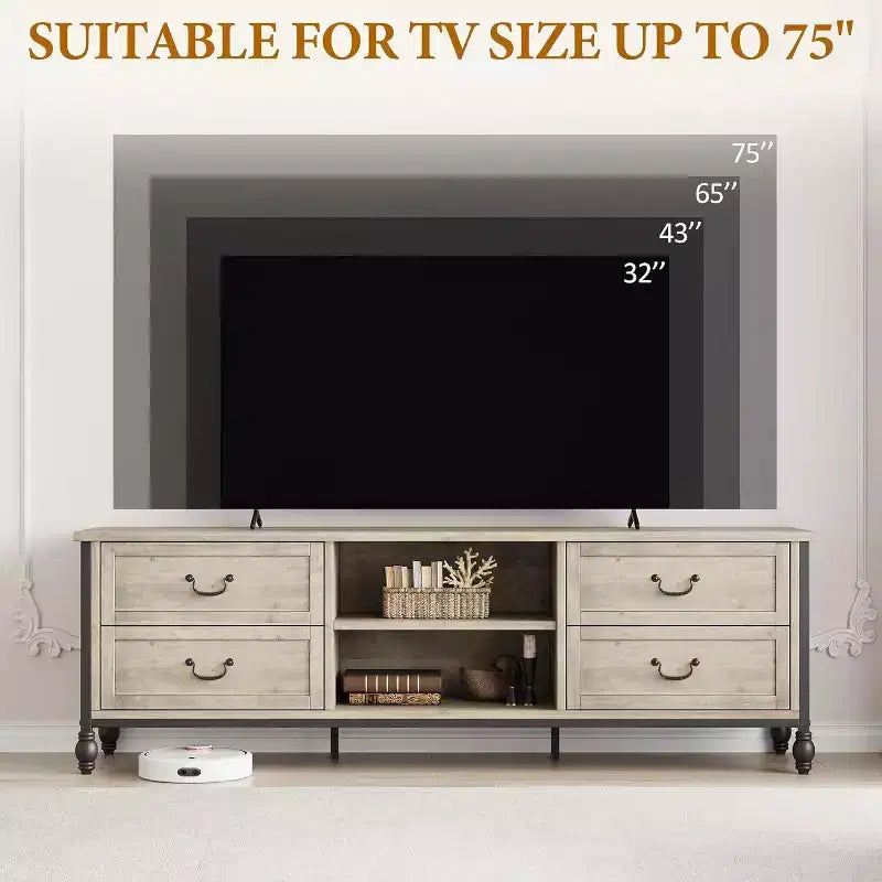 70 Inch Mid-Century Modern TV Stand, Entertainment Center Featuring Metal Roman Columns and Drawer, TV Console Table for Living Room Rustic Grey