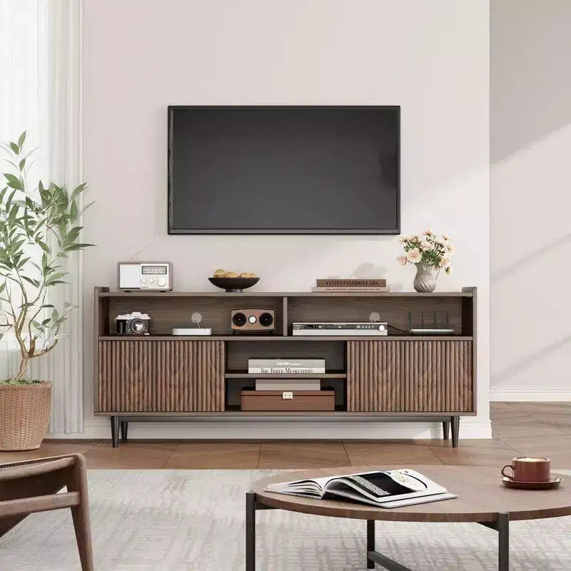 Fluted TV Stand for 75 Inch, Boho Entertainment Center with Sliding Doors, Wood Media Cabinet Furniture with Adjustable Shelves