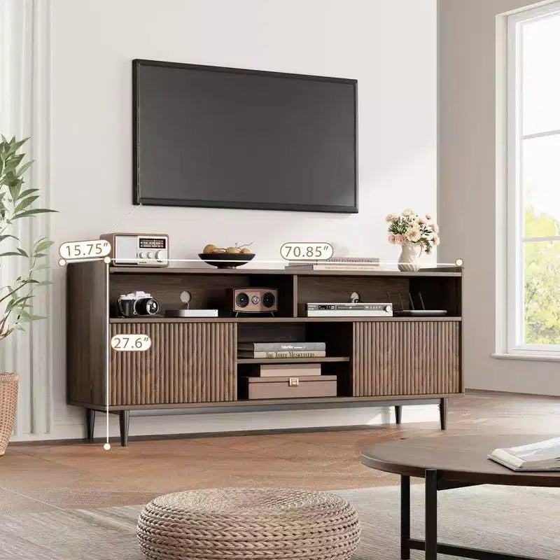 Fluted TV Stand for 75 Inch, Boho Entertainment Center with Sliding Doors, Wood Media Cabinet Furniture with Adjustable Shelves