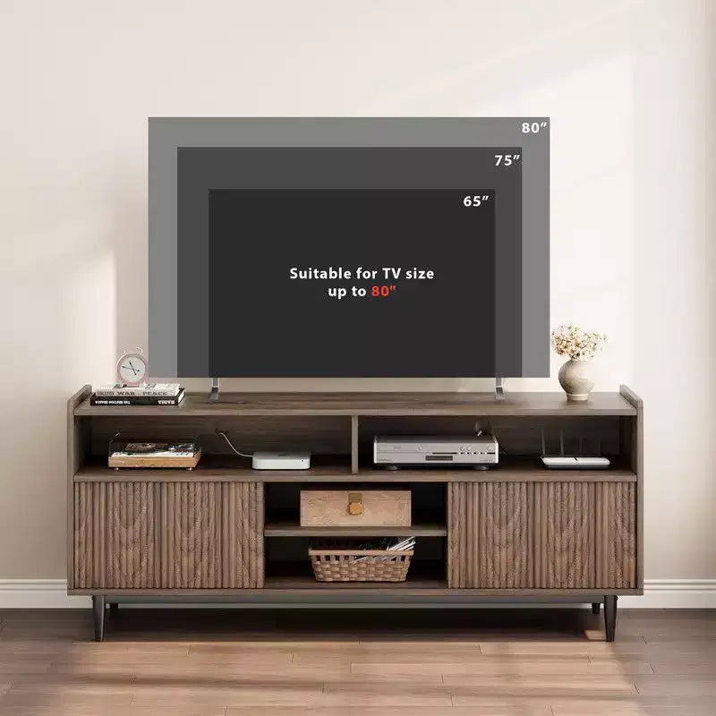 Fluted TV Stand for 75 Inch, Boho Entertainment Center with Sliding Doors, Wood Media Cabinet Furniture with Adjustable Shelves