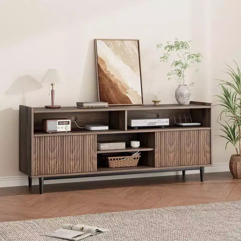 Fluted TV Stand for 75 Inch, Boho Entertainment Center with Sliding Doors, Wood Media Cabinet Furniture with Adjustable Shelves