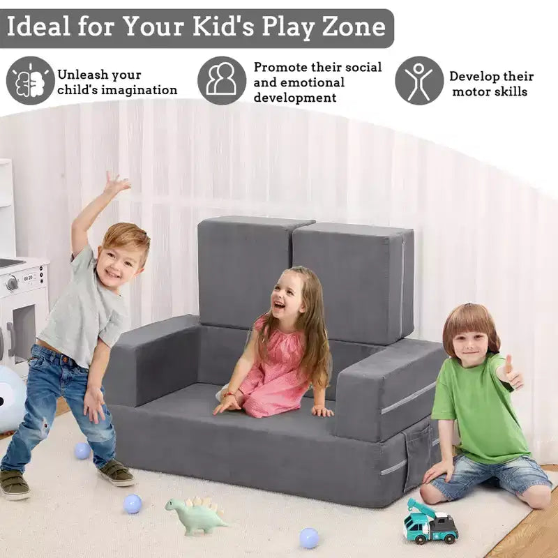 3PCs Toddler Convertible Sofa, Foam Couch Bed for Children, Modular Kids Sofa for Nursery Playroom
