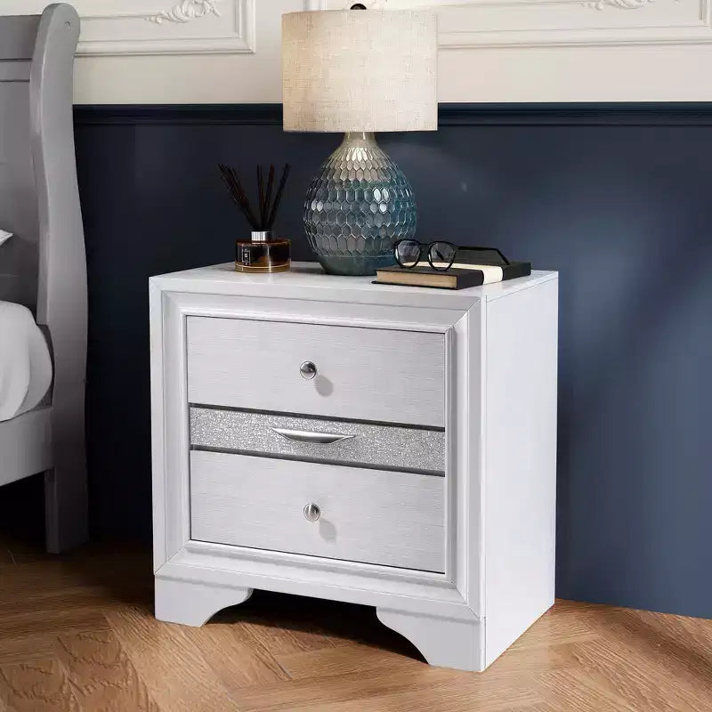 CLIHOME Contemporary Bedroom Storage Cabinet Nightstand with Silver Accents and Hidden Jewelry Drawer