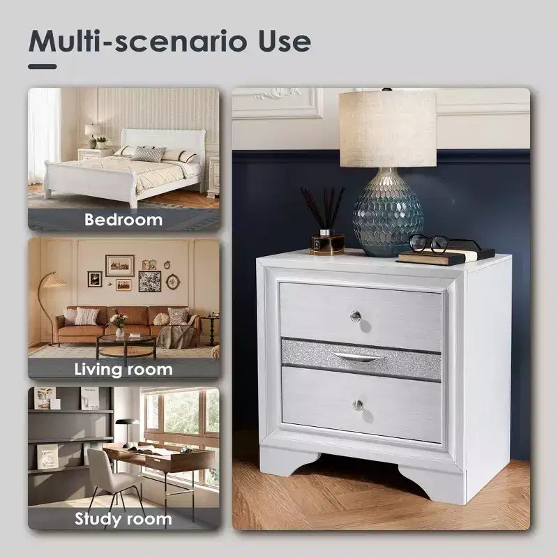 CLIHOME Contemporary Bedroom Storage Cabinet Nightstand with Silver Accents and Hidden Jewelry Drawer