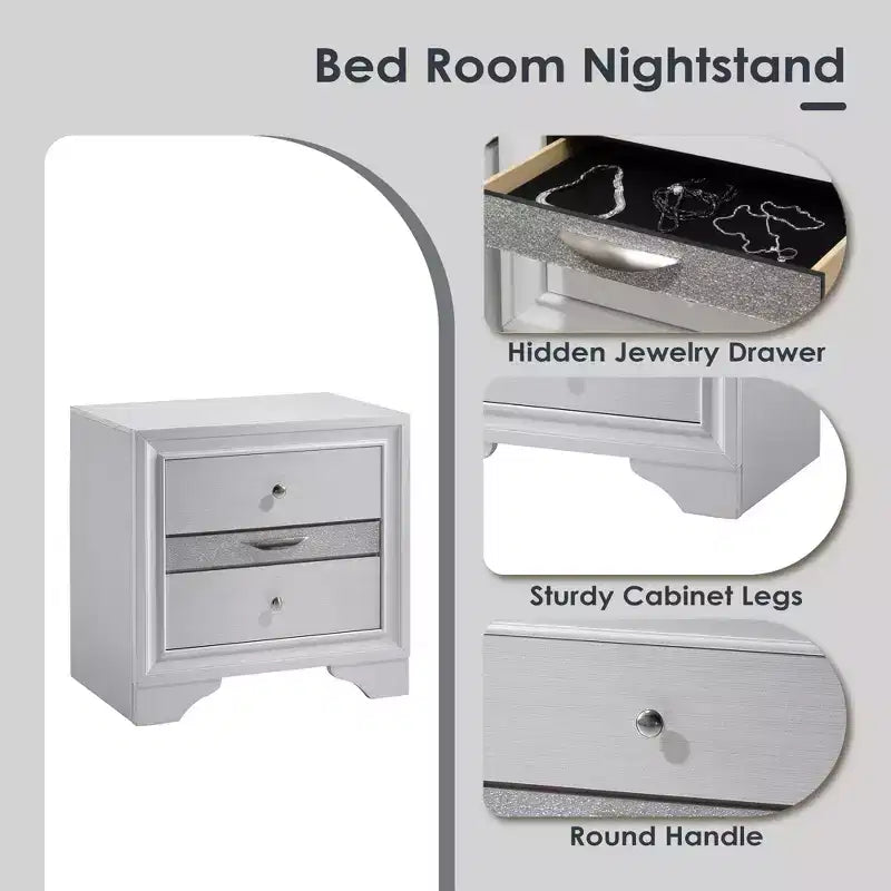 CLIHOME Contemporary Bedroom Storage Cabinet Nightstand with Silver Accents and Hidden Jewelry Drawer