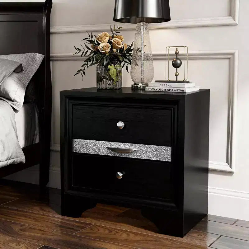 CLIHOME Contemporary Bedroom Storage Cabinet Nightstand with Silver Accents and Hidden Jewelry Drawer